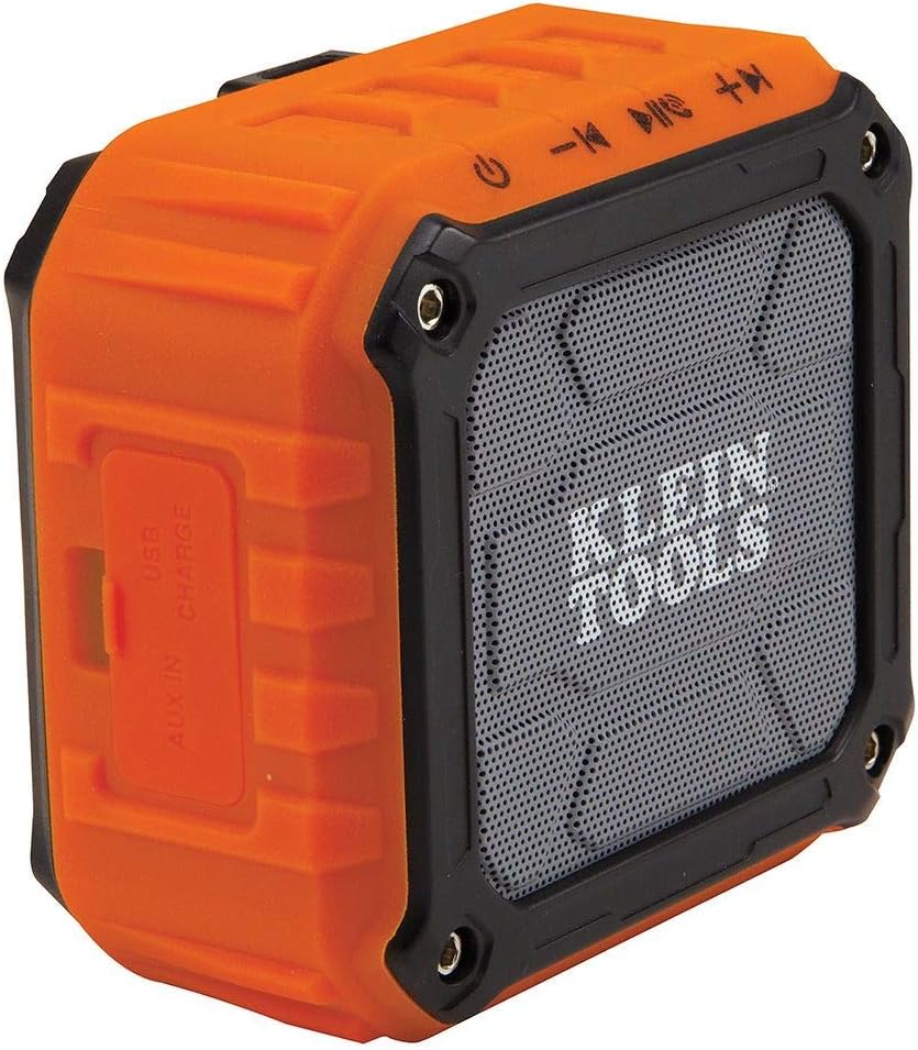 Klein Tools AEPJS1 Bluetooth Speaker, Wireless Portable Jobsite Speaker Plays Audio and Answers Calls Hands Free, IPX5, Worksite Ready, Orange, Black, Gray