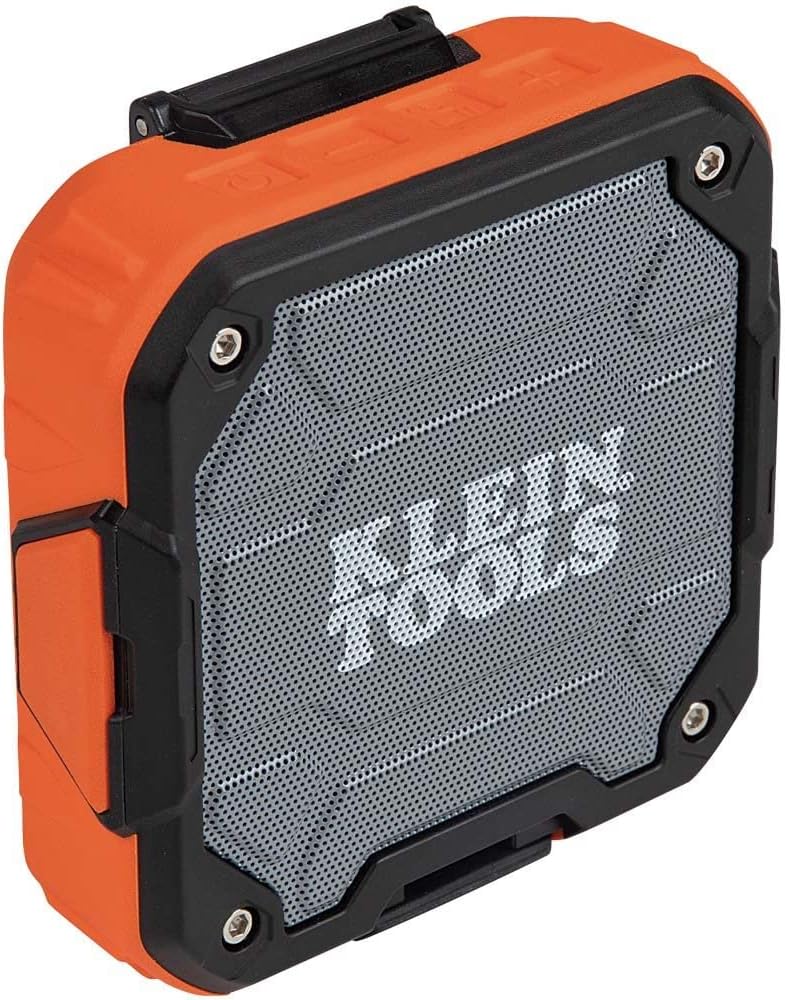 Klein Tools AEPJS2 Bluetooth Speaker With Magnetic Strip and Hook, Rechargeable, Wireless and Aux Capable, Hands Free Capable, Smart Phone Charging, 10 Hr Run Time, IP54 Dust and Water Resistant