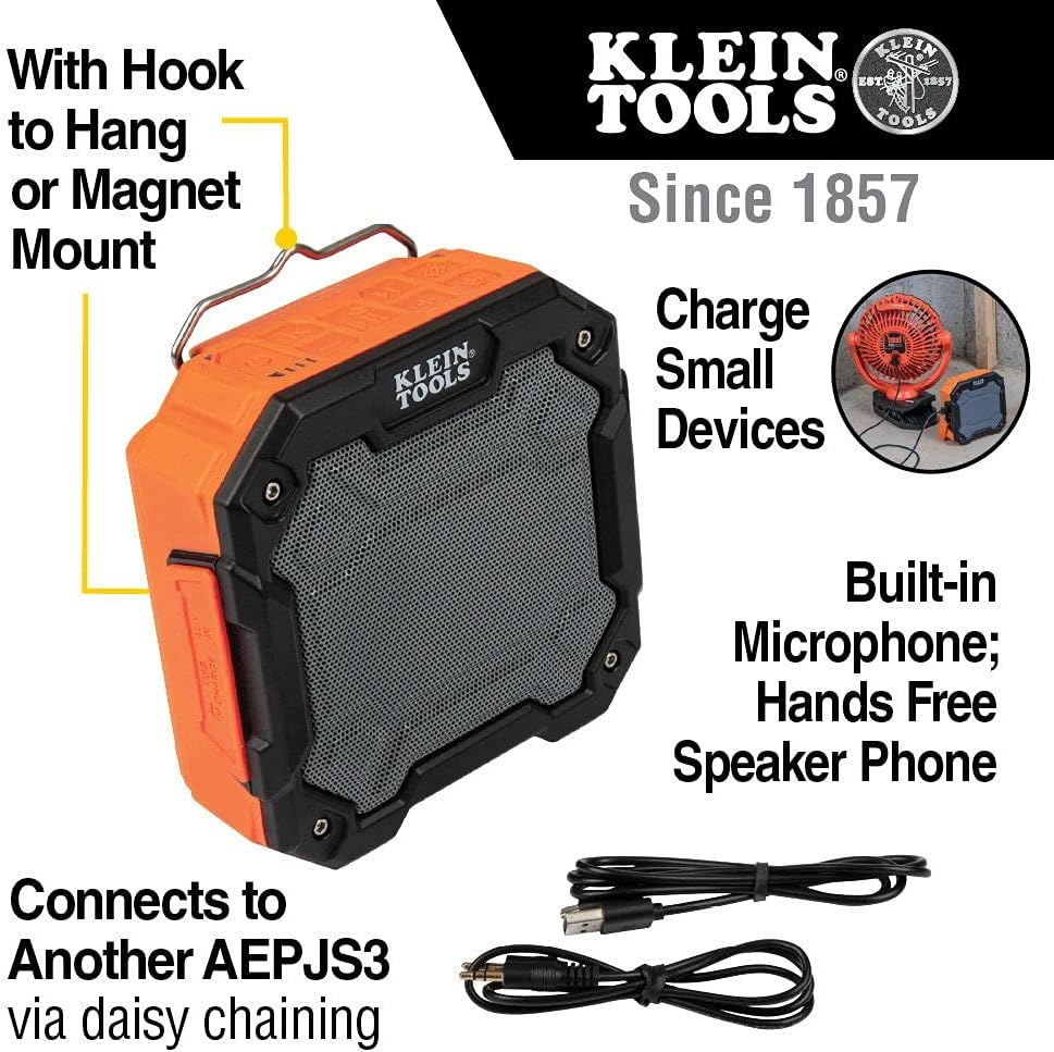 Klein Tools AEPJS3 Bluetooth Jobsite Speaker With Magnet and Hook, 20-Hr Run Time, Charge Devices Via USB A or C Ports, Daisy Chain for Pairing, Hands Free Capable, IP54 Dust and Water Resistant