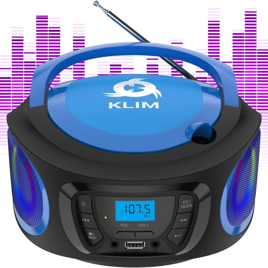 KLIM Boombox Portable Audio System - New 2023 - FM Radio CD Player Bluetooth MP3 USB AUX - Includes Rechargeable Batteries - Wired  Wireless Modes - Compact and Sturdy - Blue
