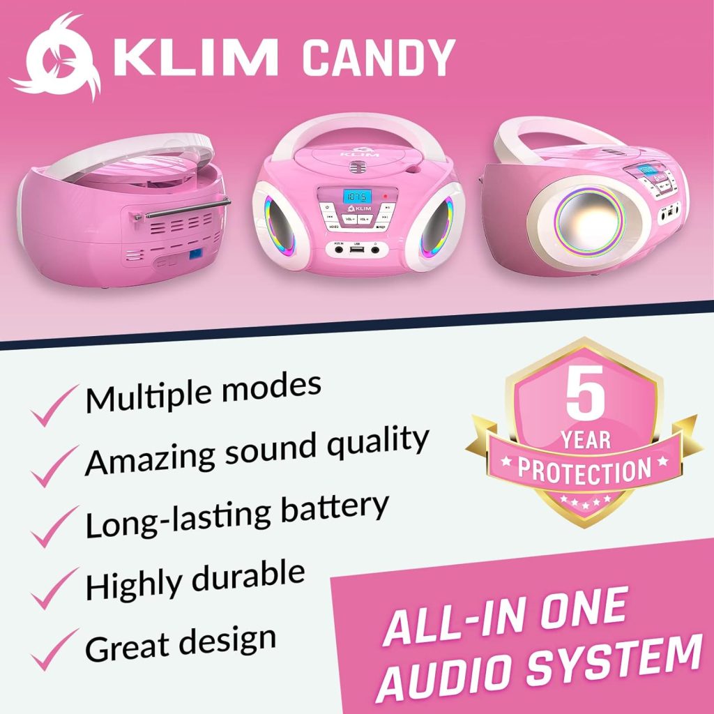 KLIM Candy Kids Portable CD Player for Kids - New 2023 - FM Radio - Batteries Included - CD Boombox for Kids - Cute Pink Radio cd Player with Speakers for Kids and Toddlers - Pink