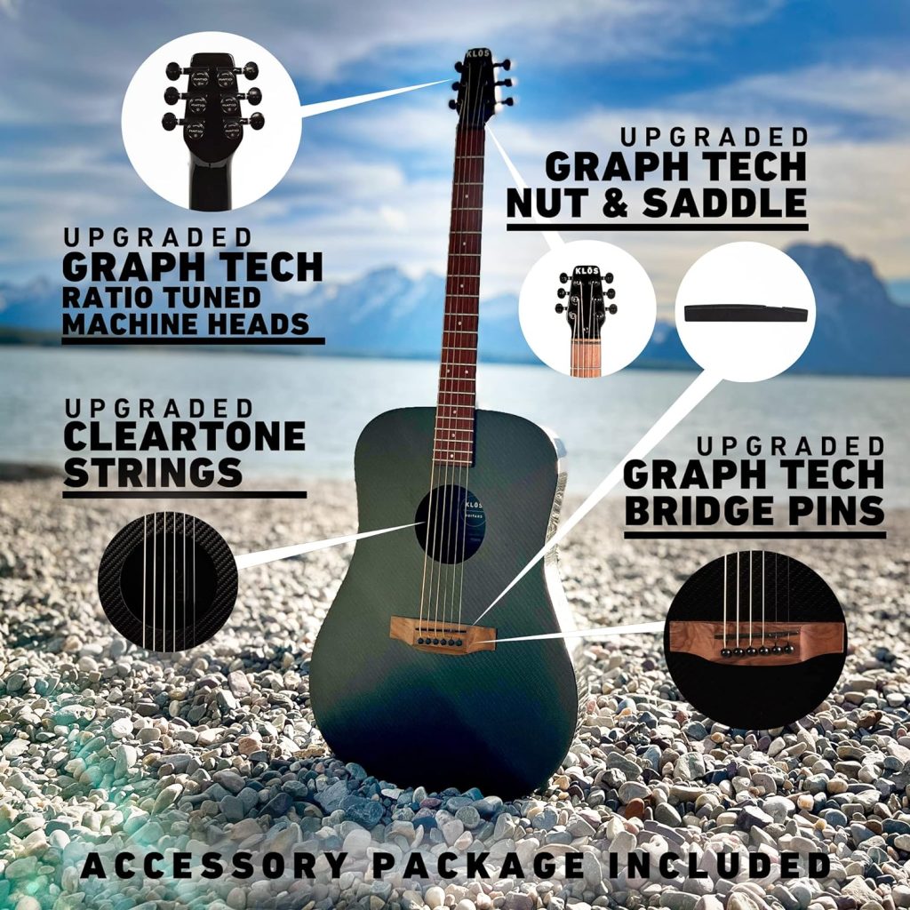 KLOS Full Size Deluxe Guitar, Durable Carbon Fiber Acoustic Electric Guitar - Black with Gig Bag, Strap, Capo, and more