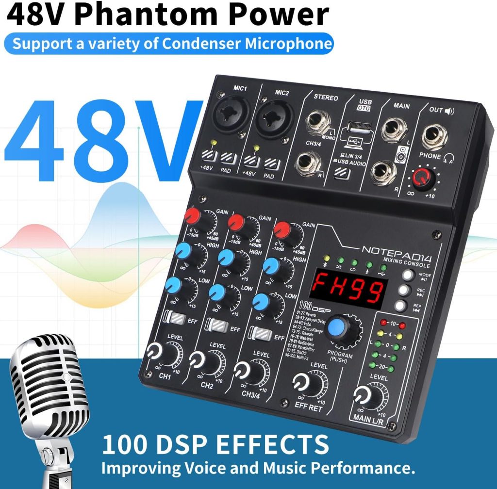 Kmise 8 Channel Professional Audio Mixer 99 Sound Effects Sound Board Bluetooth USB Mixer for DJ Stage Live Streaming