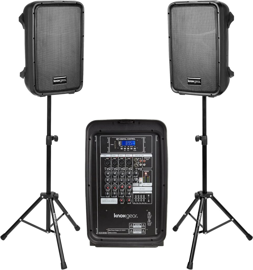 Knox Dual Speaker and Mixer Set–Portable 8” 300 Watt DJ PA System with Wired Microphone  Tripod Stands, 8 Channel Amplifier, Bluetooth, USB, SD, 1/4” Line RCA, XLR Inputs, Ideal for a Party or Event