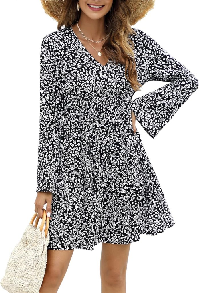 KOJOOIN Women Casual Long Trumpet Sleeve Dress Deep V Neck Ruffle Tie Boho Floral Print Swing Tunic Mini Dress_