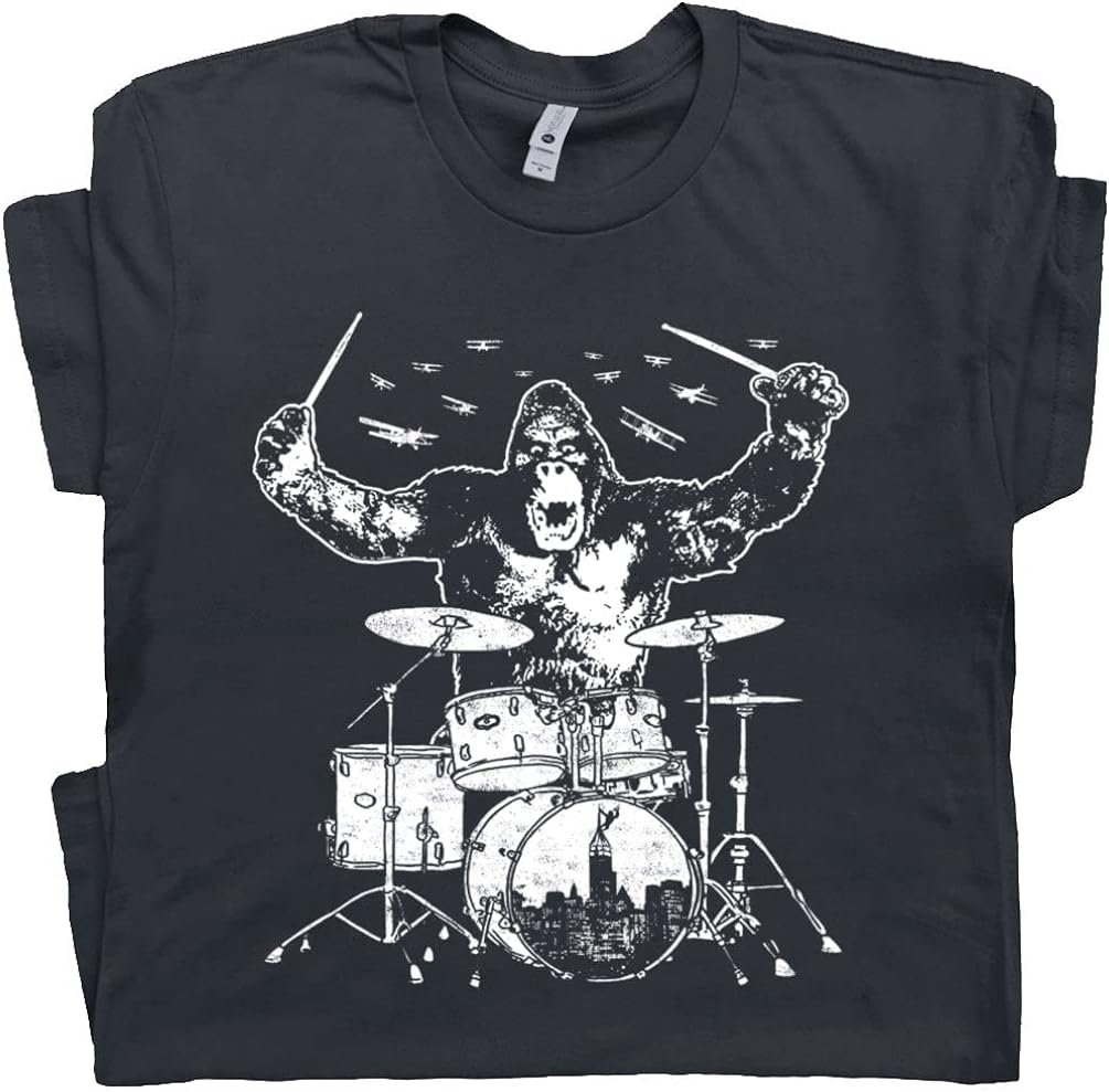 Kong Playing Drums T Shirt Cool Vintage Drum Set Mens Womens Kids Graphic Tee Funny Drummer Animal Player Gift Band