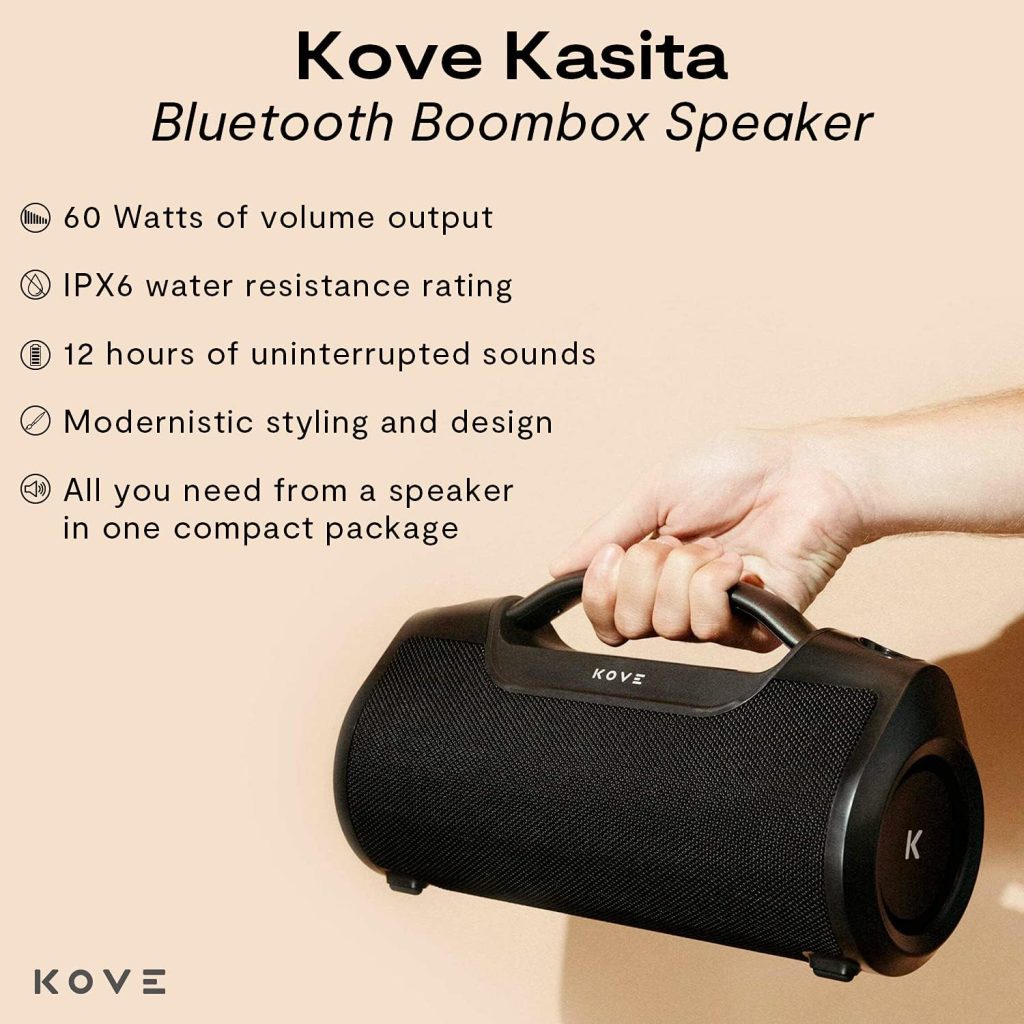 Kove Kasita Bluetooth Boombox Speaker - Portable and Rechargeable, Wireless with HD Louder Volume, Deep Bass Subwoofer, Microphone, IPX6 Waterproof - Perfect Boom Box for Home, Outdoor or Travel
