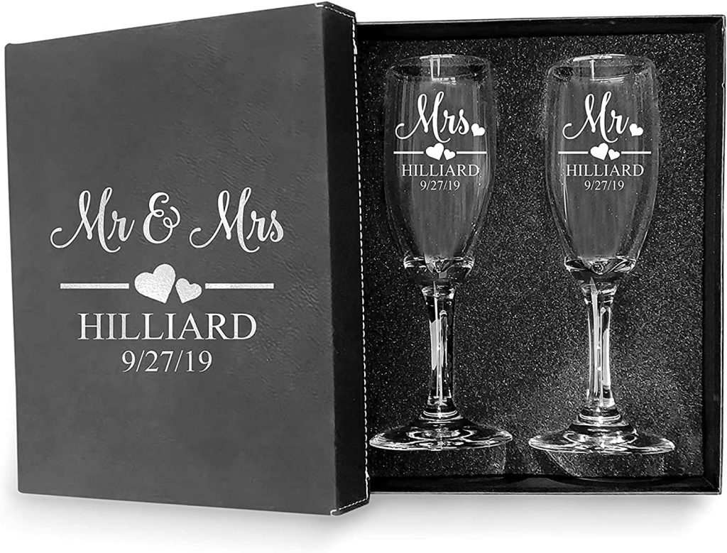 Krezy Case Mr and Mrs Wedding Toasting Champagne Flutes with Box, Set of 2 Glasses With Black Box, Laser engraved Tosting Flutes Engraved Personalized Glasses for Bride and Groom