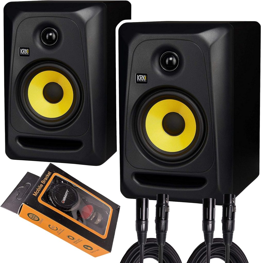 KRK Classic 5 Professional Bi-Amp 5 Powered Studio Monitor (2 Speakers) Pair of XLR Cable + Gravity Phone Holder, Black M