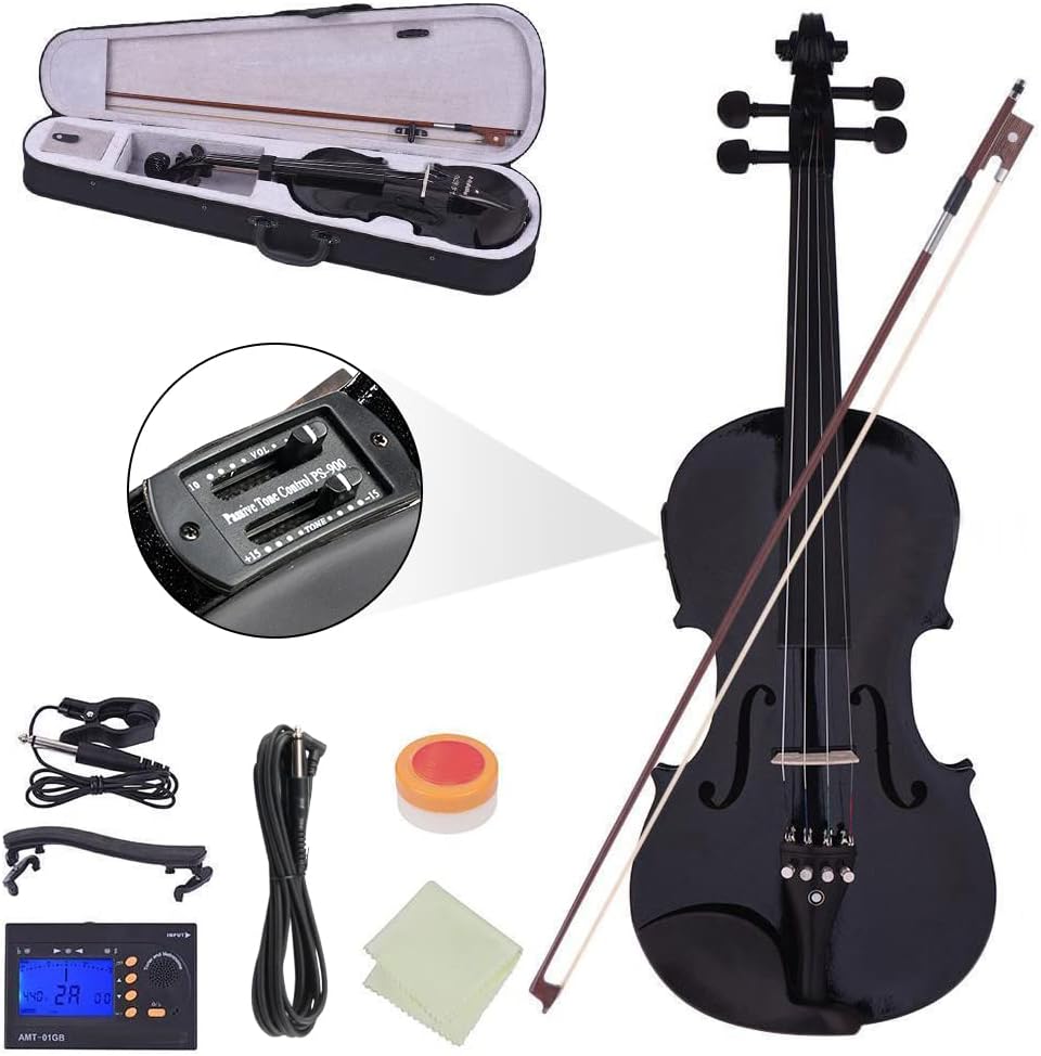 Ktaxon Acoustic Electric Violin, 4/4 Violin with EQ preamp and Ebony Accessories, Full-size Violin with AUX Cable, Shoulder Rest, Tuner, Rosin, Extra String and Cleaning Cloth (Black)