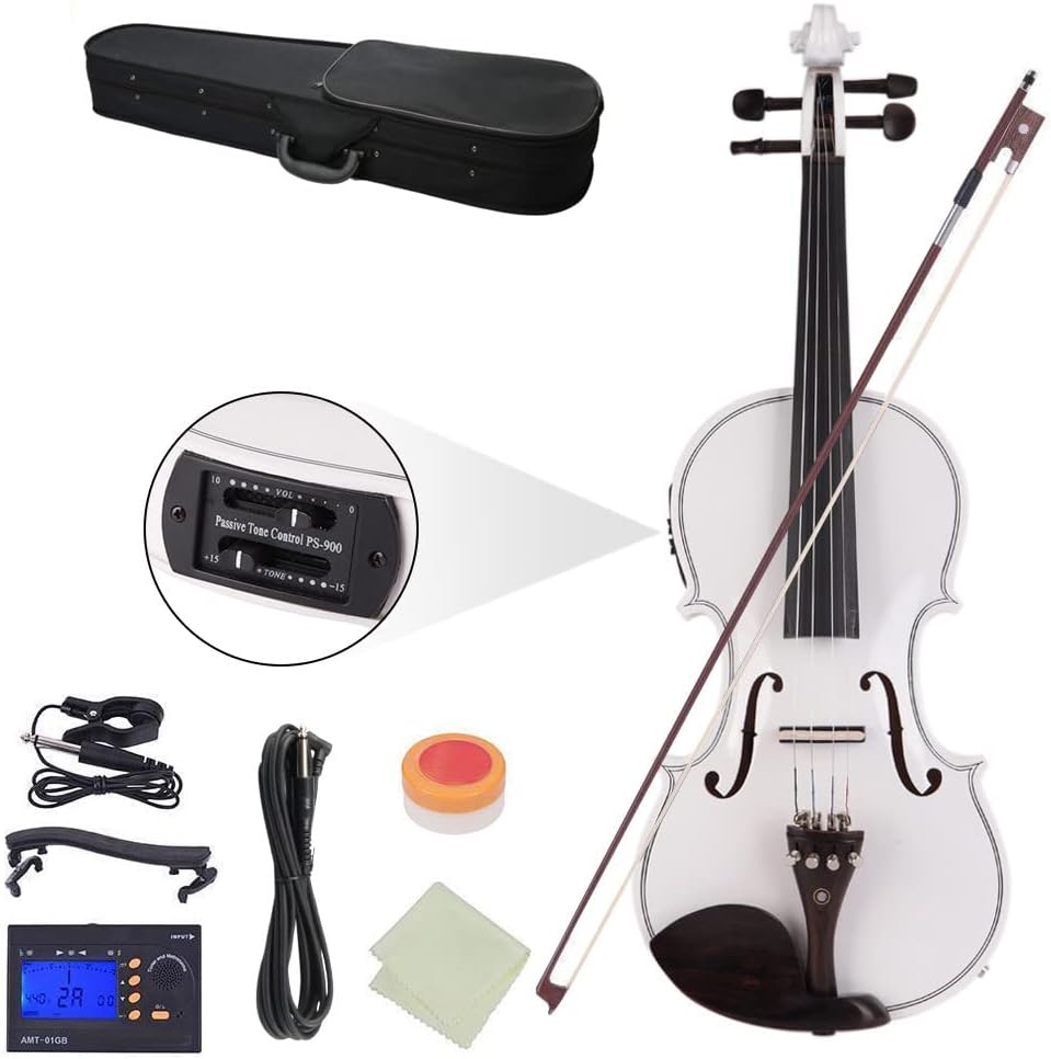 Ktaxon Acoustic Electric Violin, 4/4 Violin with EQ preamp and Ebony Accessories, Full-size Violin with AUX Cable, Shoulder Rest, Tuner, Rosin, Extra String and Cleaning Cloth (White)