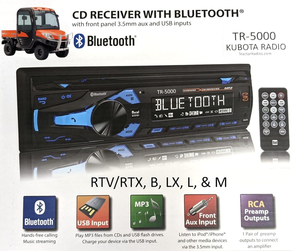 Kubota Tractor Radio CD Player AM FM Stereo Receiver MP3 USB Aux Bluetooth Remote RTV-1100 RTX-1100C Harness Plug B2650 RTV RTX