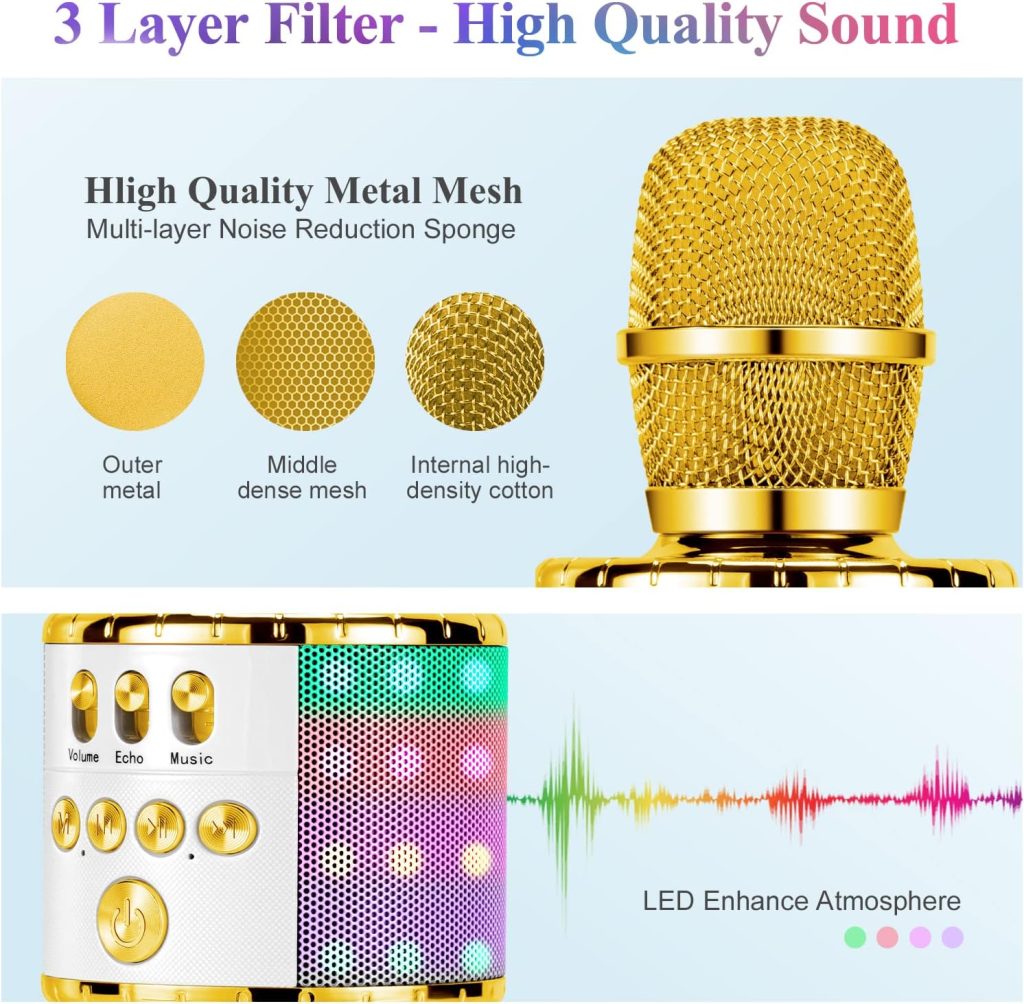 Kussla Karaoke Microphone for Kids, Wireless Singing Microphone Bluetooth Karaoke Machine with LED Lights, Magic Sing Karaoke Girls And Boys Birthday Gifts Home KTV