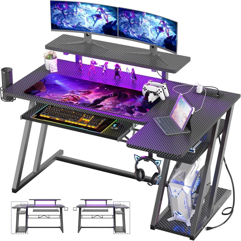 L Shaped Gaming Desk with Monitor Stand and Shelves, 47 Gaming Computer Desk with LED Lights and Outlets, Reversible PC Gaming Desk with Keyboard Tray  Z-Shaped Legs, White Carbon Fiber Surface