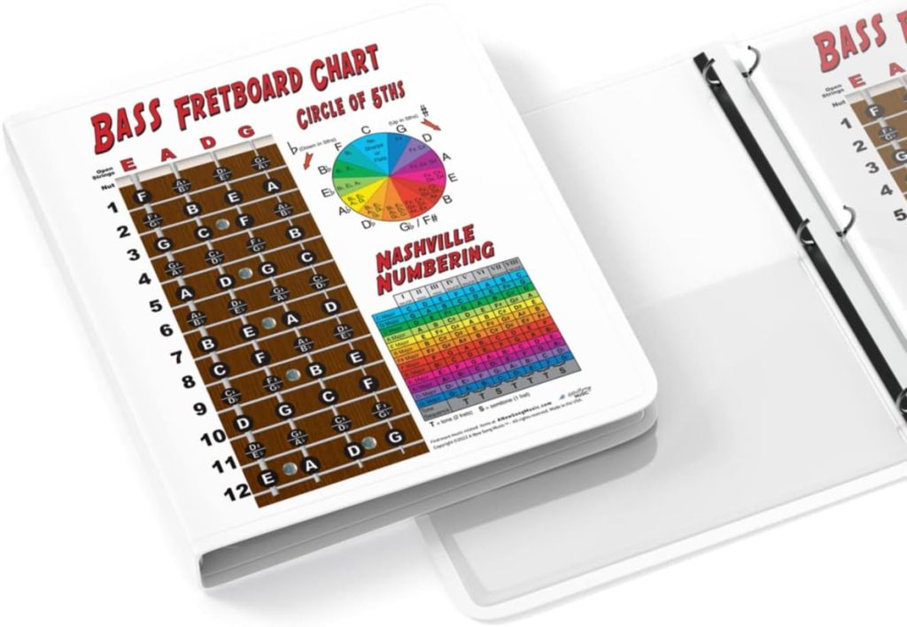 Laminated 4 String Bass Fretboard Notes Chart Nashville Number System  Circle of 5ths Easy Instructional Poster for Beginner for Notebook - A New Song Music 8.5 x 11