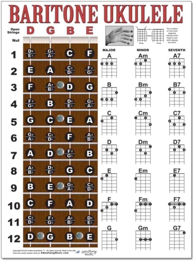 Laminated Baritone Ukulele Fretboard  Chord Chart Easy Instructional Poster Bari Uke Notebook 8.5x11 | A New Song Music