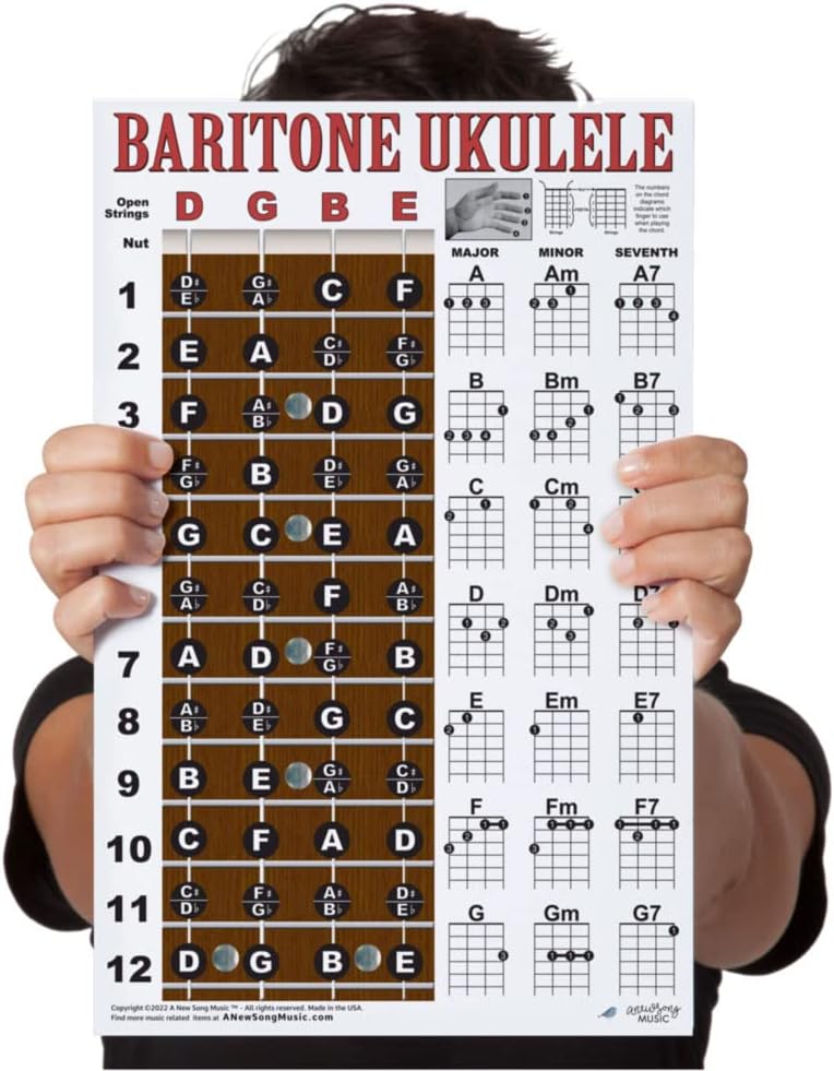 Laminated Baritone Ukulele Fretboard Notes  Easy Beginner Chord Chart 11x17 Instructional Poster for Bari Uke by A New Song Music