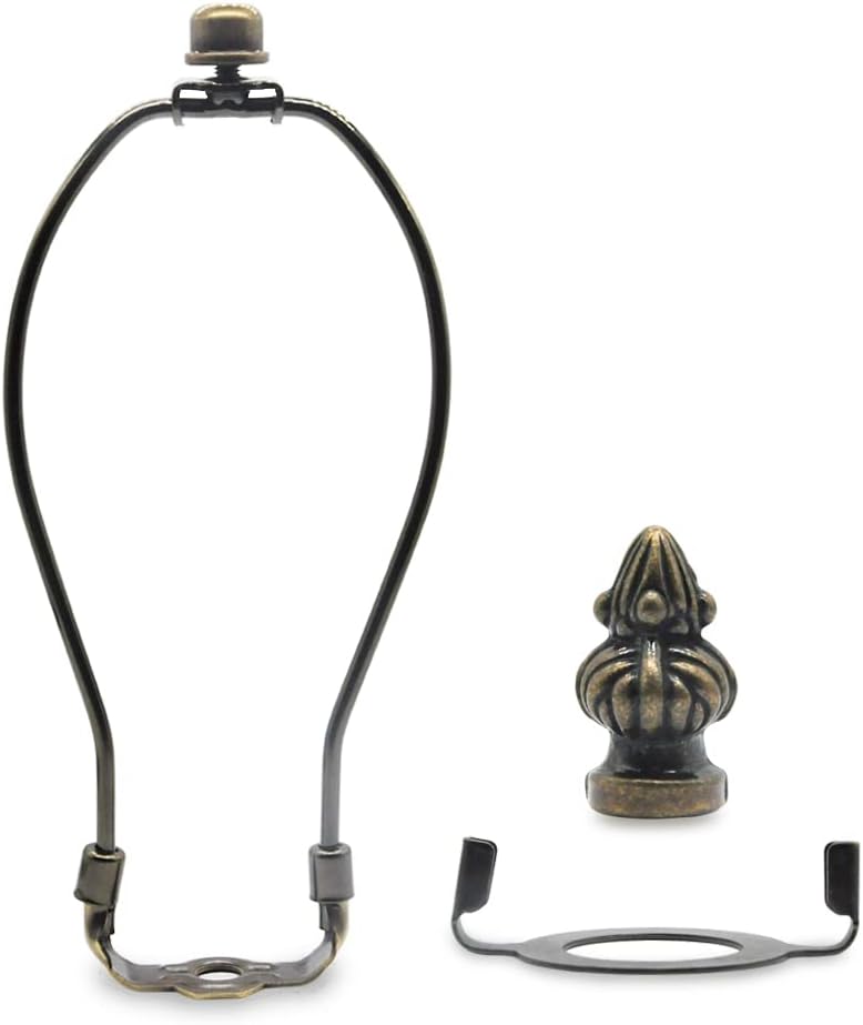 Lamp Shade Harp Holder,8 Inch Bronze Lamp Harp Kit,Fit Both Standard Lamp Rod and E26 Light Base UNO Fitter Adapter,2 Shade Attaching Finial Top Included,Antique Brass Horn Frame Lampshade Bracket