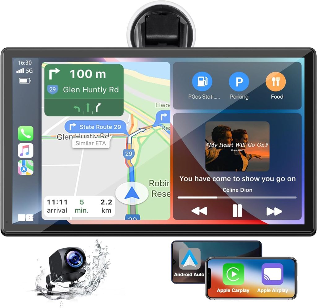 LAMTTO 9 Inch Wireless Apple Carplay with 1080P Reverse Camera, Portable Touch Screen Car Play Radio Audio Receiver, Car Stereo with Mirror Link, GPS Navigation, Android Auto, Bluetooth, FM, Siri