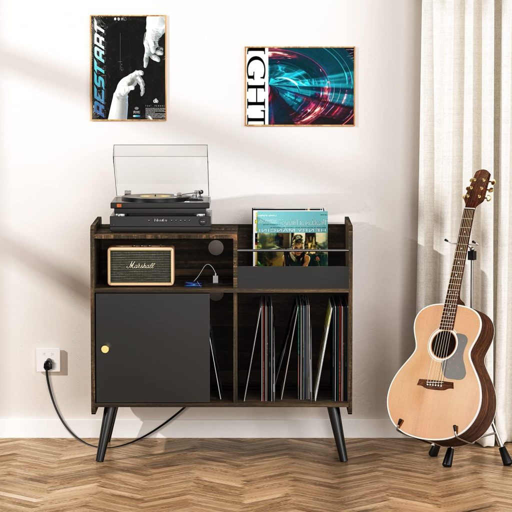 Large Record Player Stand Storage, Vintage Vinyl Record Cabinet with Power Outlet Rustic Display Table Holds Up to 360 Albums, Turntable Stand with Sliding Door Wood Legs for Vinyls Media Stereo