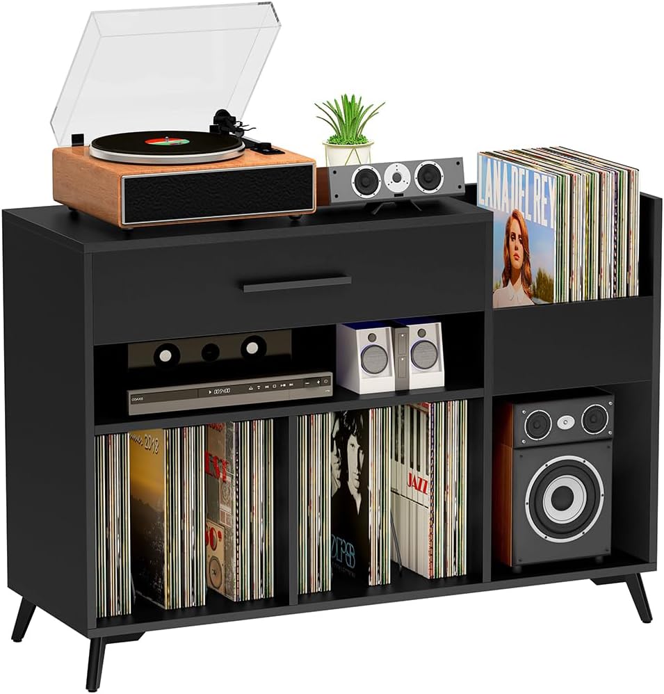 TC-HOMENY Record Player Stand, Vinyl Record Storage Cabinet with Metal  Hairpin Legs, Vinyl Record Holder with 4 Quick-Release dividers, Record  Storage