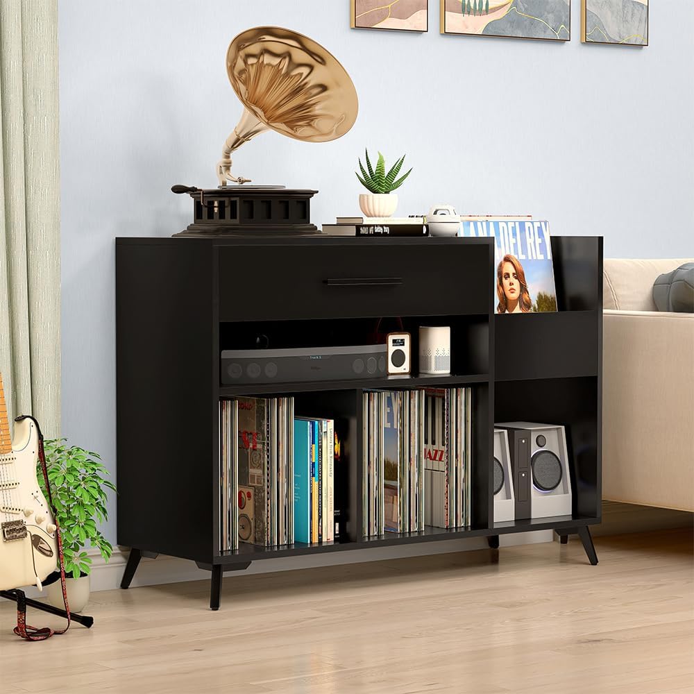 Large Record Player Stand with Vinyl Storage, Record Player Table with Record Storage, Vinyl Record Storage Cabinet, Can Also be Used as TV Stand, Record Player Table Holds Up to 350+ Albums
