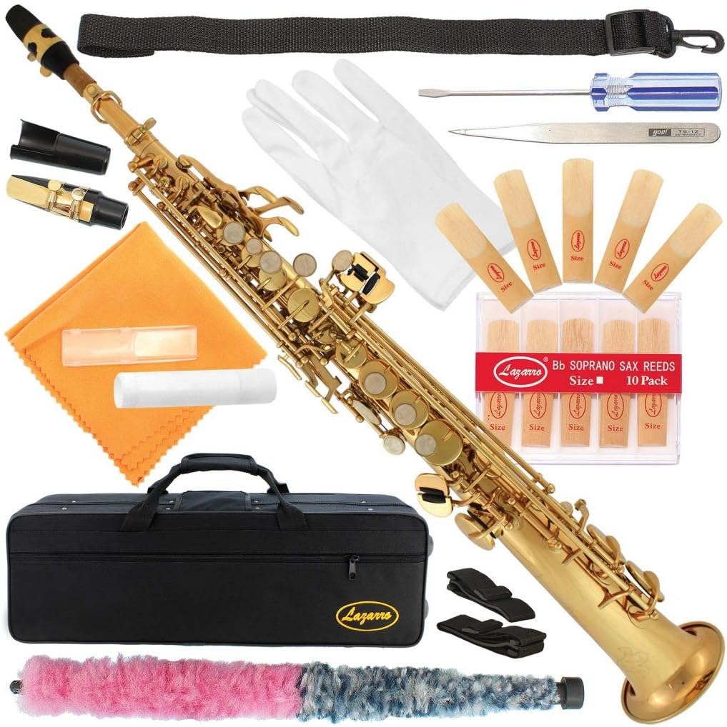 Lazarro Gold Lacquer Bb B-Flat Straight Soprano Saxophone Sax Lazarro+11 Reeds,Care Kit~24 COLORS Available-300-LQ