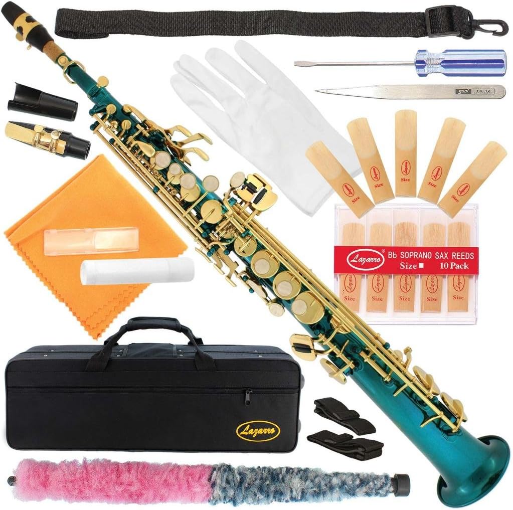 Lazarro Sea Blue-Gold Keys Bb B-Flat Straight Soprano Saxophone Sax Lazarro+11 Reeds,Care Kit~24 COLORS Available-300-SB