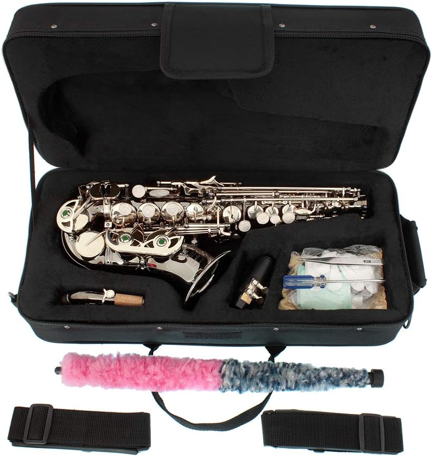 Lazarro Silver Body-Gold Keys Bb B-Flat Curved Soprano Saxophone Sax Lazarro+11 Reeds,Care Kit~24 COLORS Available-320-2C