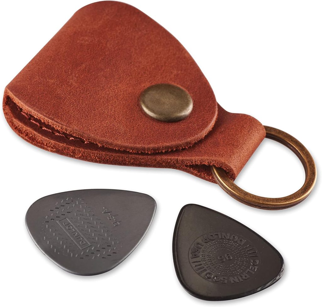 Leather Guitar Pick Holder Keychain, Guitar Pick Holder Case Bag, Plectrum Key Fob Cases Bag, Gift for Guitar Players (Cognac)