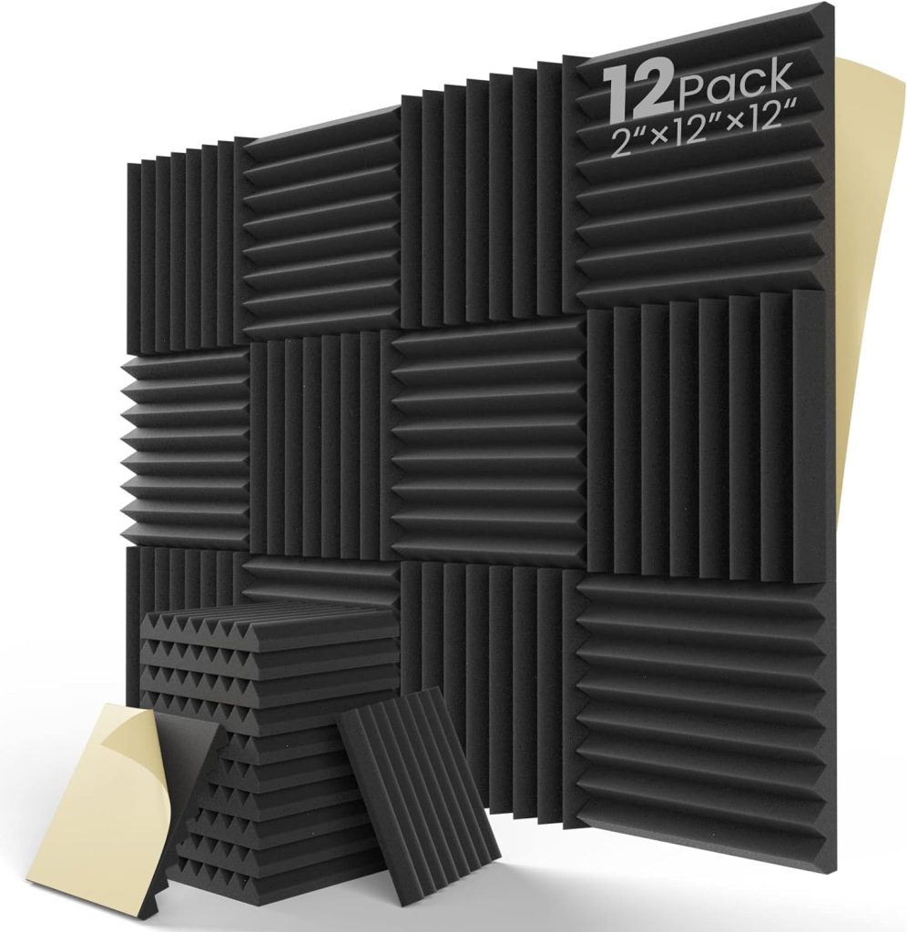 LEIYER Upgrade 12 pack Sound Proof Foam Panels With Self-Adhesive, 2 X 12 X 12 Quick-Recovery Acoustic Panels, Acoustic Foam Wedges High Density (12pcs, Black)