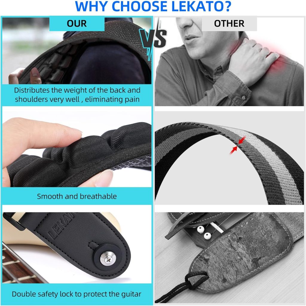 LEKATO Air Cushion Cell Bass Guitar Straps for Electric Guitar  Bass with 3.5″ Wide 3D Air Cell Bass Strap Padded Guitar Straps Adjustable Length from 48″ to 57″ Bass Guitar Strap with Pick Holder