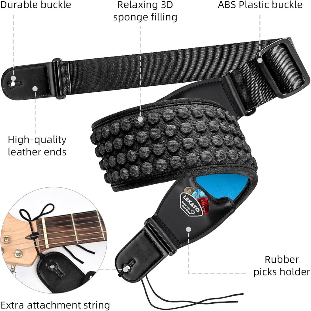 LEKATO Bass Strap for Heavy Bass and Guitars with 3.5 Wide 3D Sponge Filling  Neoprene Material Decompression Adjustable Length from 45 to 55 with Pick Holders 2 Safety Strap Locks and 6 Picks.
