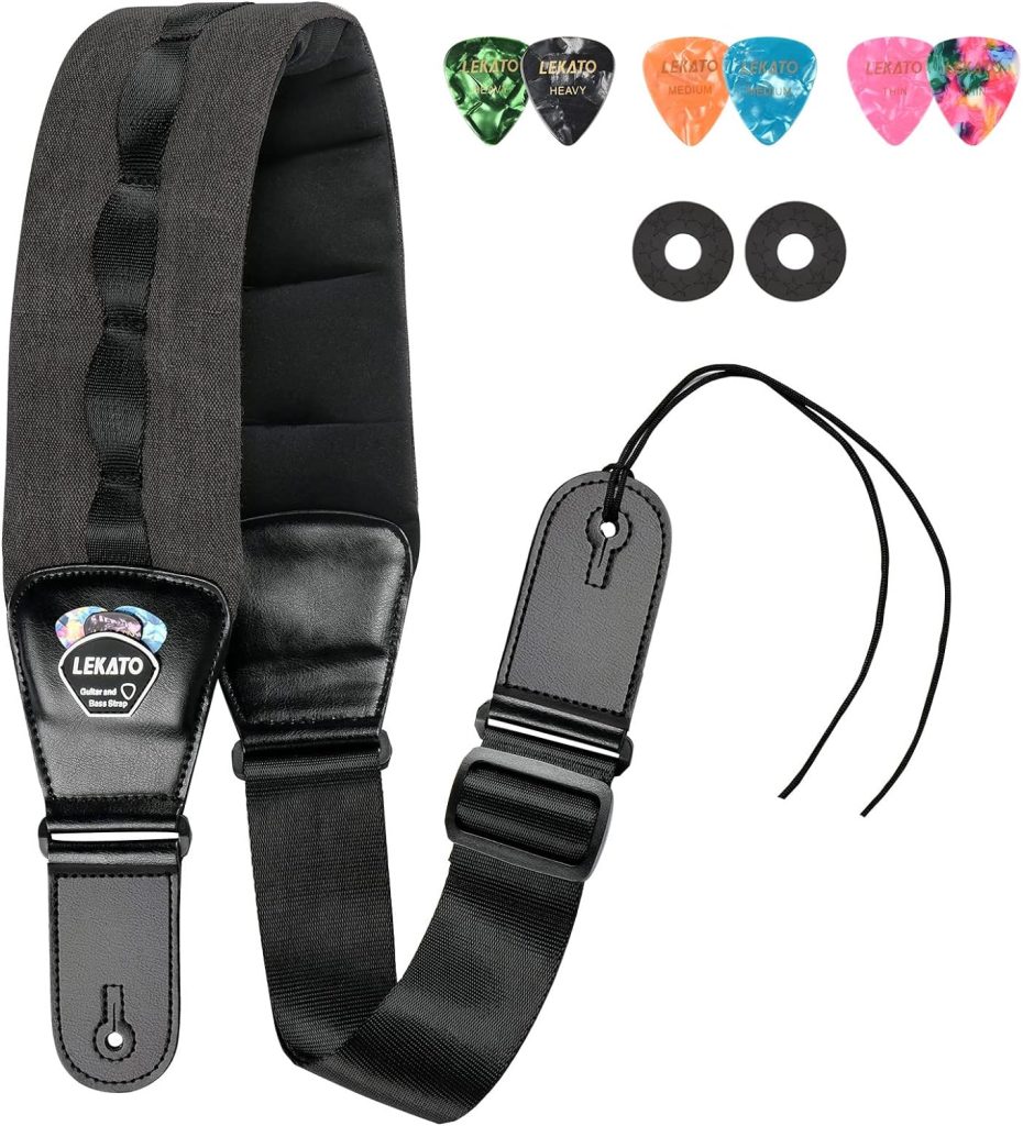 LEKATO Bass Straps for Bass  Electric Guitar with 3.5” Wide Thickened Foam Bass Guitar Strap Padded Adjustable Length from 45 to 55 Bass Guitar Straps with Pick Holder 2 Safety Strap Locks  6 Picks