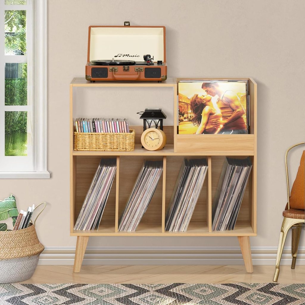 LELELINKY Large Record Player Stand, Turntable Stand with Storage, Vinyl Record Holder with Display Area, Record Player Table Holds Up to 300 Albums, Record Stand for Music room Living Room-Reto Brown