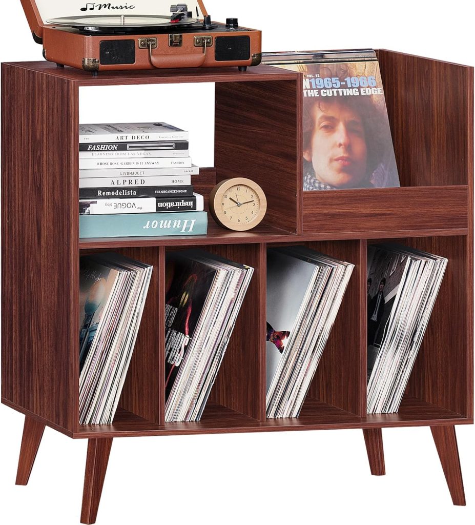 LELELINKY Large Record Player Stand, Turntable Stand with Storage, Vinyl Record Holder with Display Area, Record Player Table Holds Up to 300 Albums, Record Stand for Music Room Living Room-Walnut