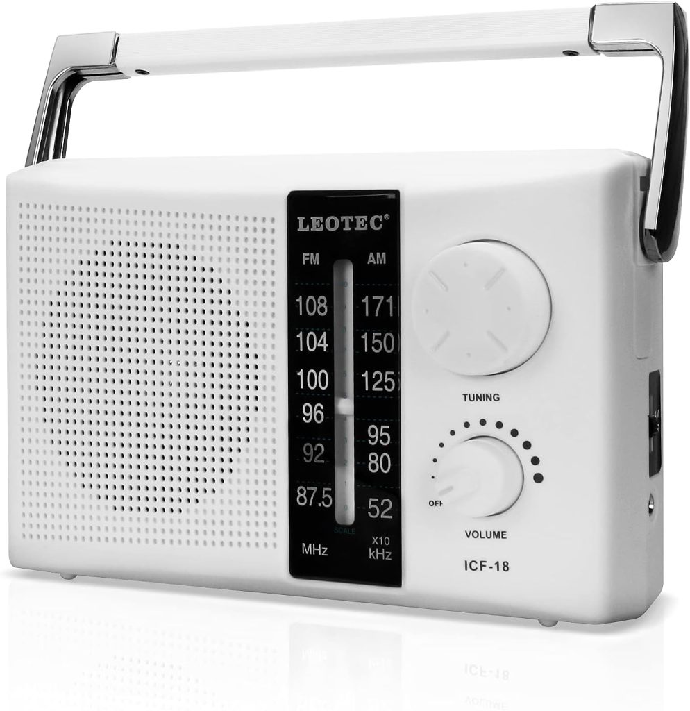 LEOTEC AM FM Radio Transistor Radio Battery or AC Powered with Excellent Reception,Good Sounds Large Speakers,Big and Precise Tuning Knob,Earphone Jack White