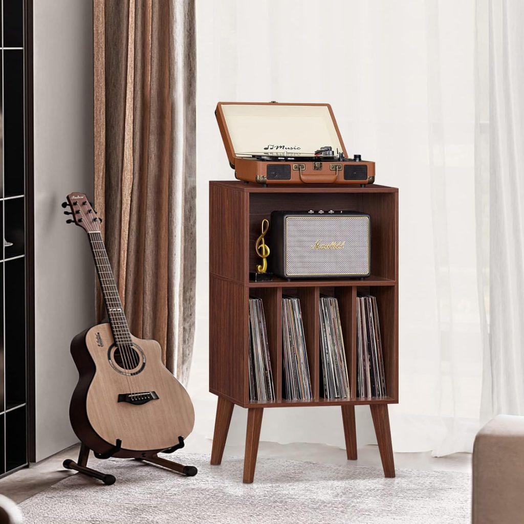 Lerliuo Record Player Stand, Black Turntable Stand Holds up to 160 Albums, Mid-Century Vinyl Storage Cabinet Table with Solid Wood Legs, Record Player Holder Dispaly Shelf for Bedroom Living Room