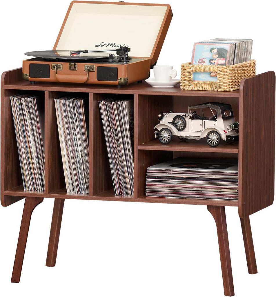 Lerliuo Record Player Stand with 4 Cabinet Holds Up to 220 Albums, Large Turntable Stand with Beech Wood Legs, Mid-Century Record Player Table,Walnut Vinyl Holder Storage Shelf for Bedroom Living Room