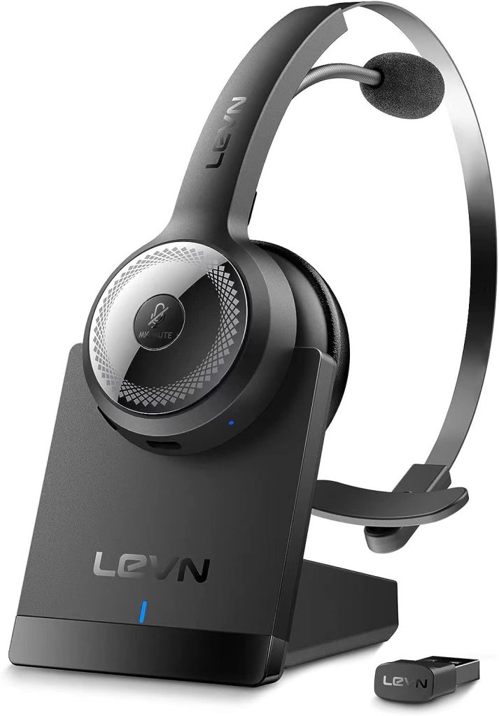 LEVN Bluetooth 5.0 Headset, Wireless Headset with Microphone (AI Noise Cancelling), 35Hrs Bluetooth Headphones with USB Dongle for PC, Suitable for Remote Work/Call Center/Zoom/Online Class/Trucker