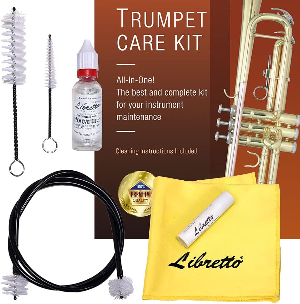 Libretto Trumpet (Cornet) ALL-INCLUSIVE Care Kit w/Instructions: Valve Oil+Slide Grease+Cleaning Cloth+Mouthpiece/Valve/Bore Brushes, Giftable Handy Case, Time to Clean  Extend Life of your Trumpet!