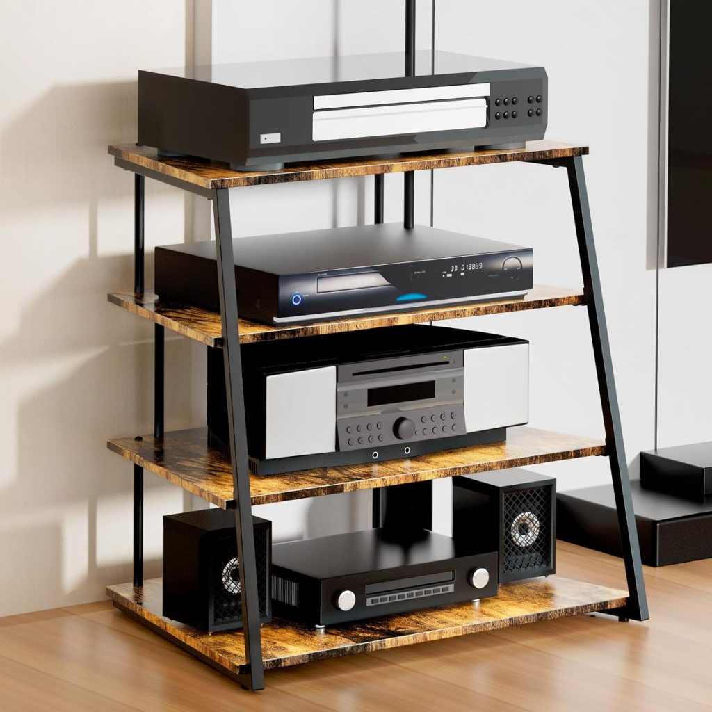 LiebeRen Stereo Cabinet,Audio Rack,4-Tier Audio Rack,Stereo Stand,Wooden Stereo Cabinet,AV Rack,Vintage Style.(Black)