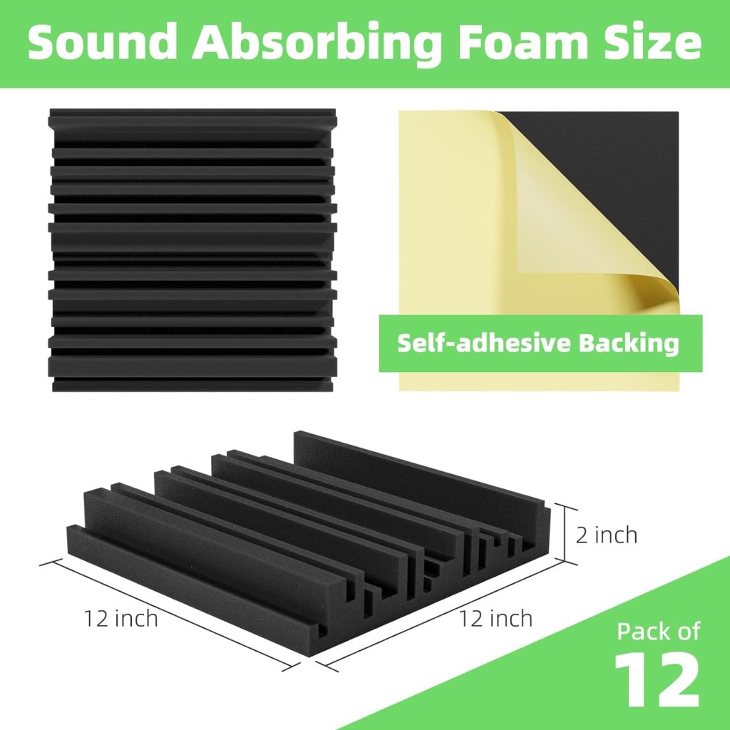 LIGHTDESIRE Self-Adhesive Sound Proof Foam Panels 36 Pack,12 X 12 X 2 inch Acoustic Foam,High Resilience Sound Proofing Padding for Wall,Sound Absorbing Panels Suitable for Home,Studio,etc,Black