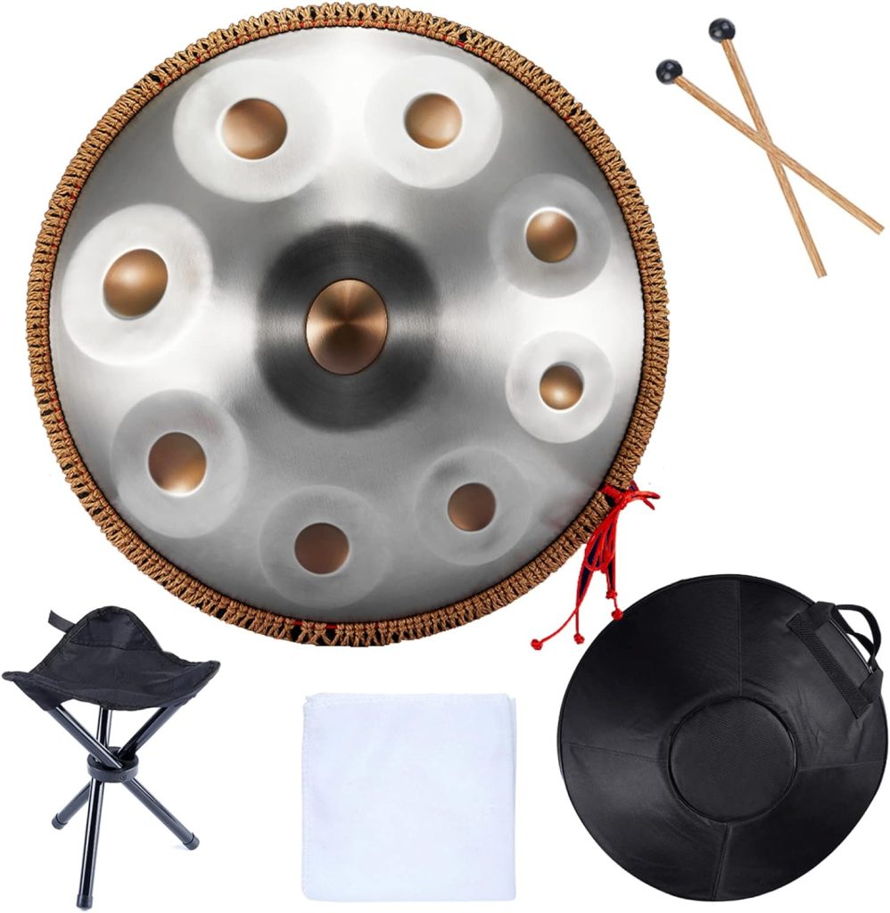 LingTing Handpan Drums Sets 22 inches D Minor Steel Hand Drum with Soft Hand Pan Bag, 2 handpan mallet,Handpan Stand,dust-free cloth (Ash-gold,9 Notes)