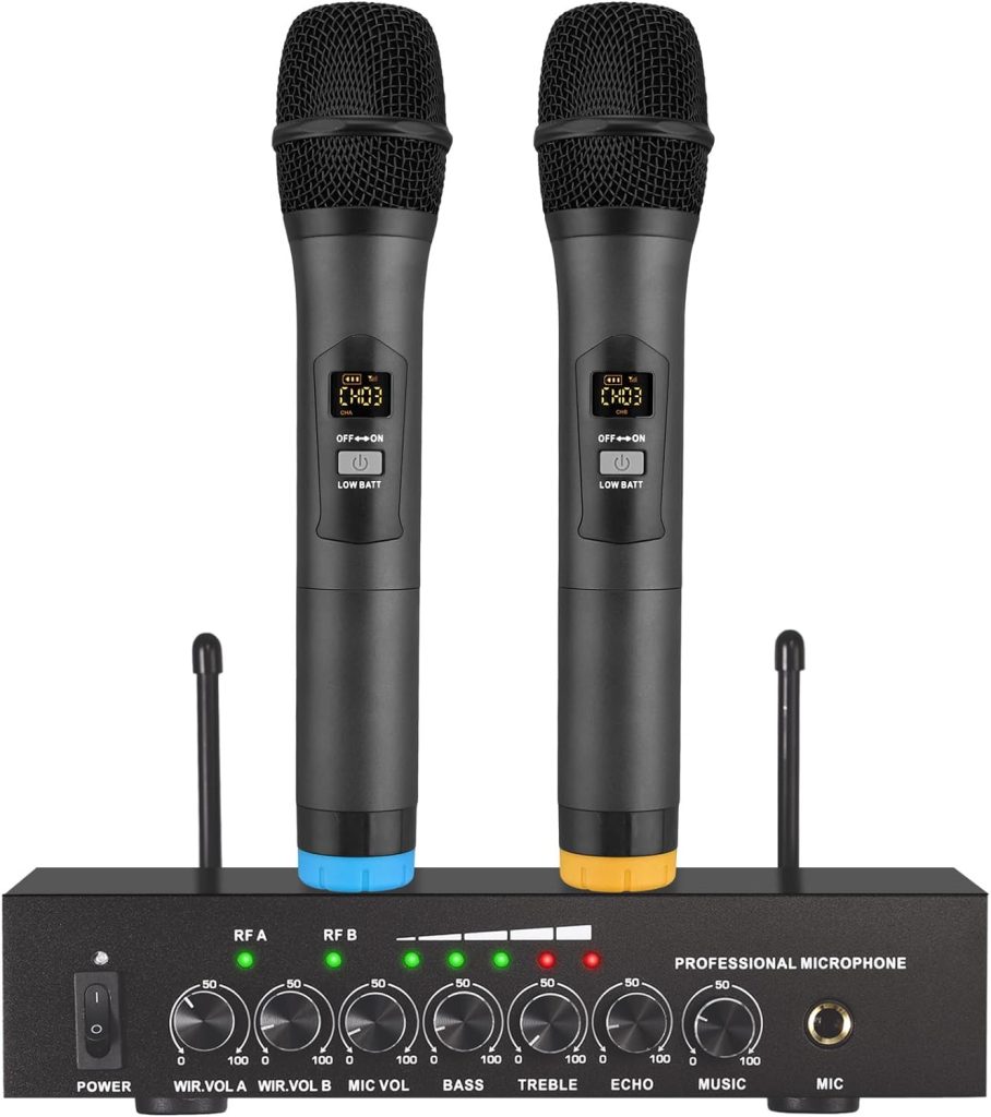 LiNKFOR UHF Wireless Microphone System, Wireless Microphone with Treble Echo Bass ＆Bluetooth, UHF Wireless Dual Cordless Microphone System for Karaoke Machines,DJ,Singing,Church,Weddings,Speaker