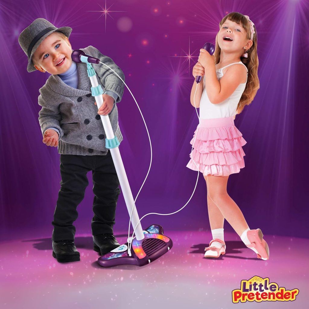 Little Pretender Kids Karaoke Machine with 2 Microphones and Adjustable Stand, Music Sing Along with Flashing Stage Lights and Pedals for Fun Musical Effects