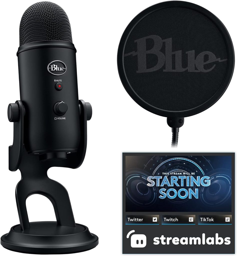 Logitech for Creators Blue Yeti Game Streaming Kit with Yeti USB Gaming Mic, Blue VO!CE Software, Exclusive Streamlabs Themes, Custom Blue Pop Filter, PC/Mac/PS4/PS5