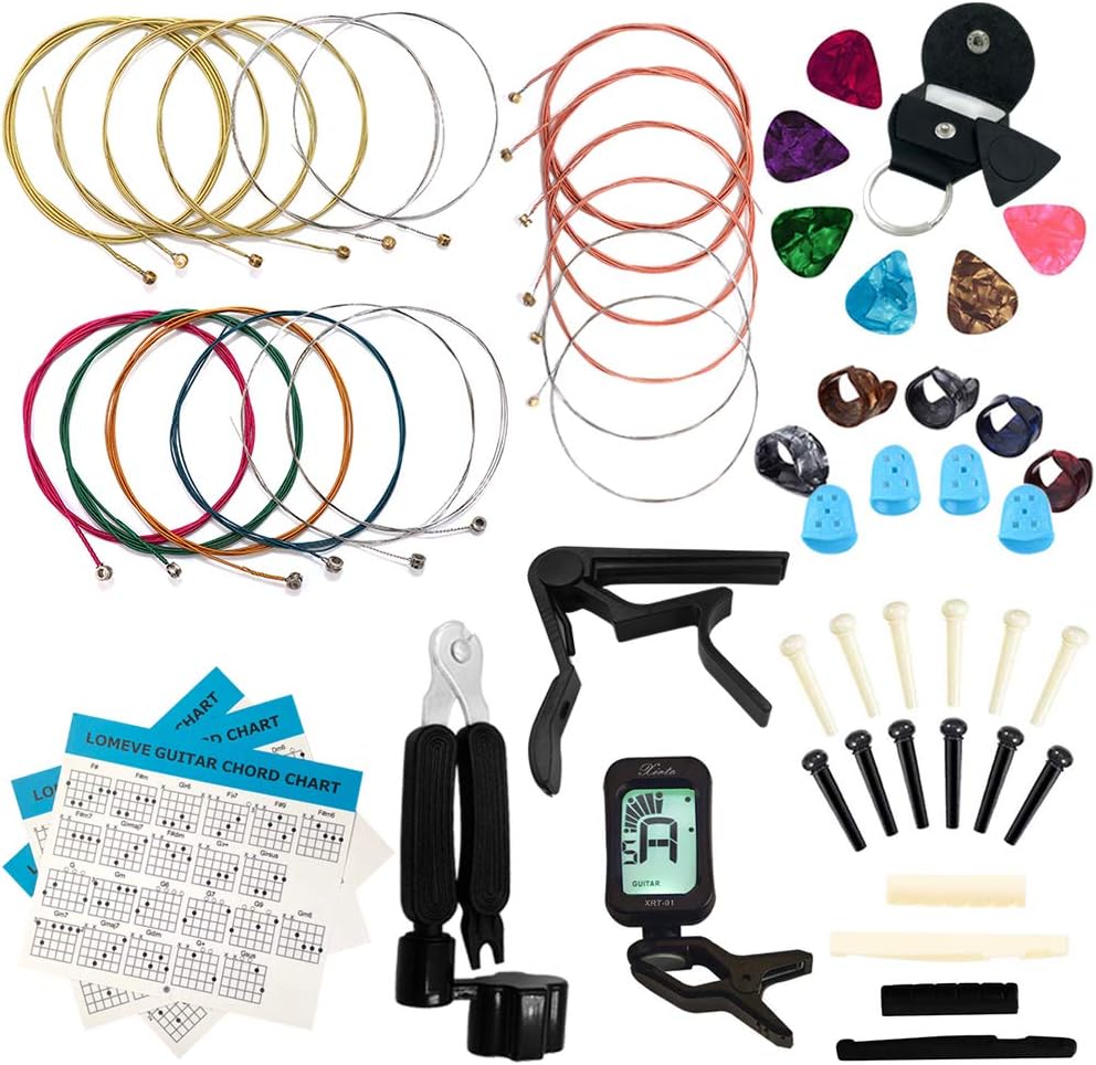 LOMEVE Guitar Accessories Kit Include Acoustic Strings, Tuner, Capo, 3-in-1 Restring Tool, Picks, Pick Holder, Bridge Pins, Nuts  Saddles, Finger Protector, Chord Chart (58PCS)