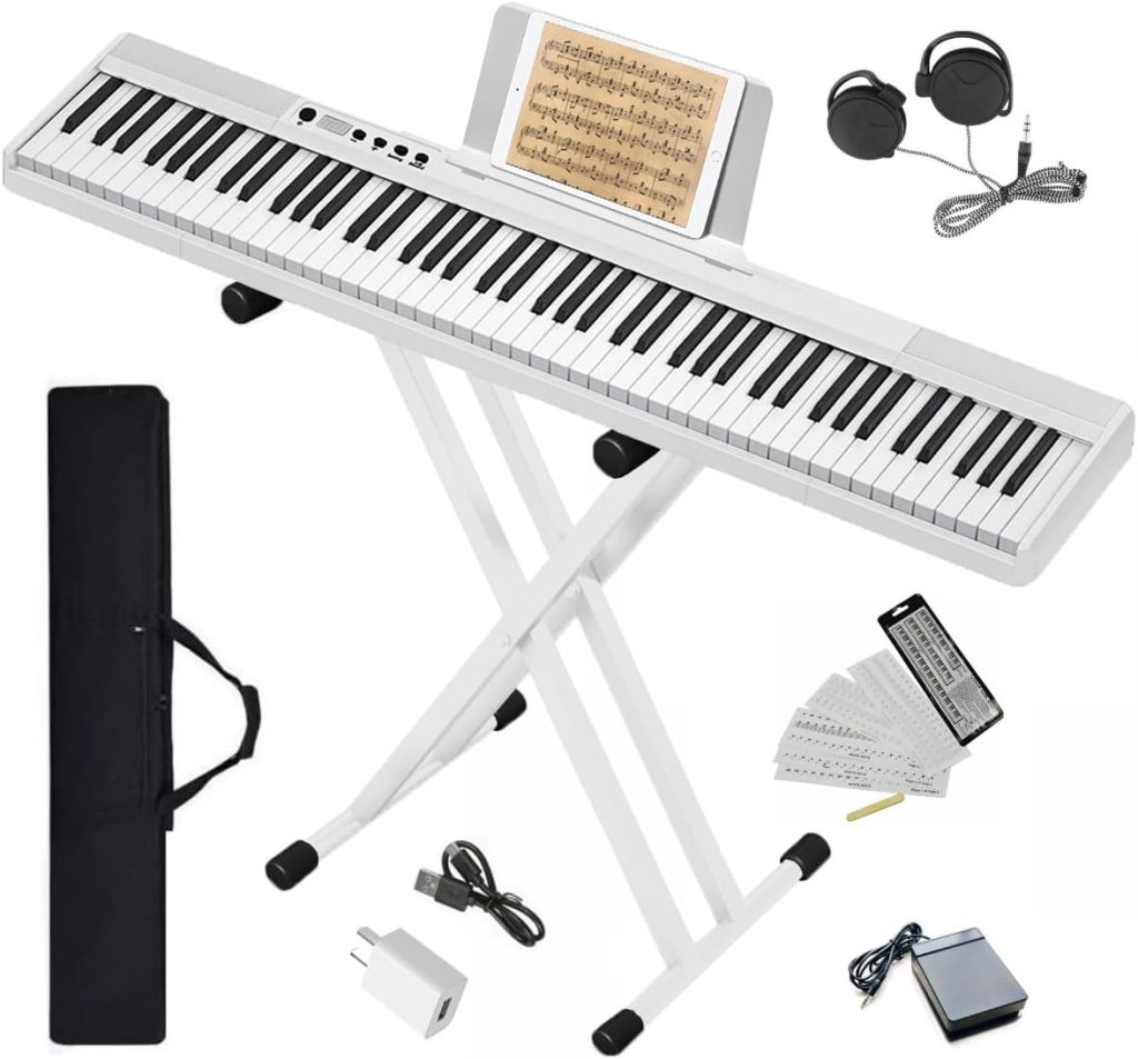 Longeye Piano Keyboard 88 Keys Compact Portable Digital Piano for Beginners with Semi-Weighted Full-Size Keys, Stand, Headphones, Sustain Pedal, Carrying Case, White