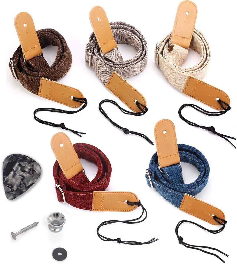 LONGTEAM Simple Linen Leather Ukulele Strap Adjustable Length Durable Uke Straps with Nail, Rope, Picks